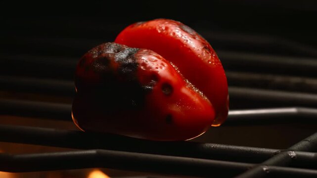 Red bell pepper blistering and charring on hot grill over open flame, close-up low-angle grilling scene focusing on heat transformation and dramatic warm rim lighting