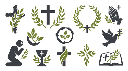 Obraz premium Collection of Christian religious symbols and icons, including crosses, doves, praying hands, and a bible.