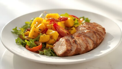Fototapeta premium Grilled chicken mango salad, roasted pork on a white dish.