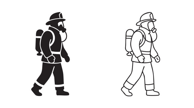 firefighter in full gear black silhouette outline art vector icon black silhouette black silhouette and outline art vector icon