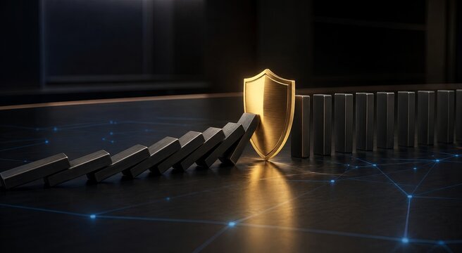 Golden Shield Stopping Falling Dominoes in Business Risk Management Concept