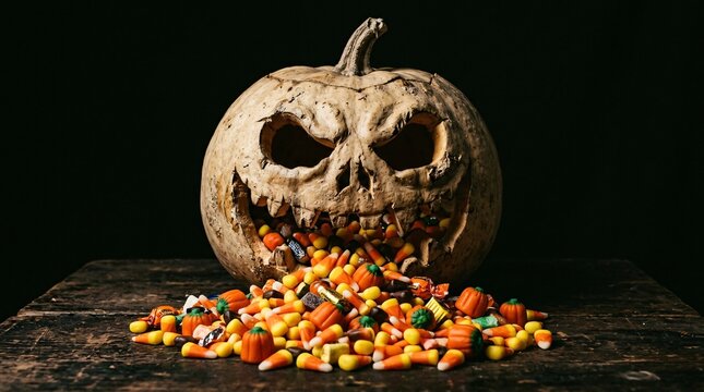 An eerie carved jack-o'-lantern with a sinister grin overflowing with piles of delicious Halloween candy