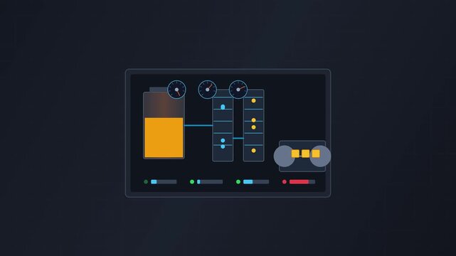 Modern flat vector interface showing battery levels, data gauges, and telemetry analytics on a dark digital background.