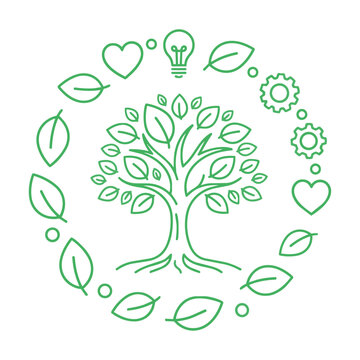 Monoline icon of a stylized tree encircled by sustainability symbols including leaves a lightbulb gear wheels and a heart shape on white background sustainability concept
