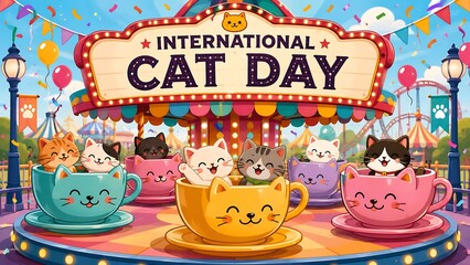 Naklejka premium International Cat Day celebration concept banner with cute cats riding a colorful amusement park teacup ride, AI generated
