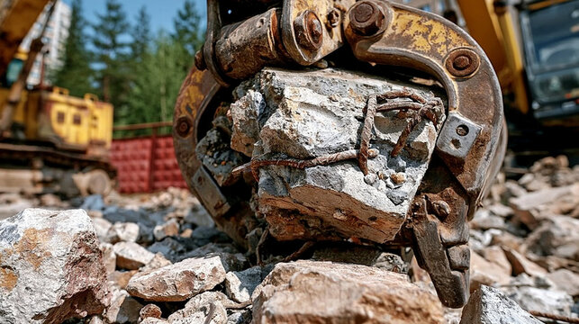 Demolition Claw Gripping Concrete: A powerful industrial claw attached to heavy machinery tightly grips a chunk of reinforced concrete, amidst a debris-filled construction or demolition site.