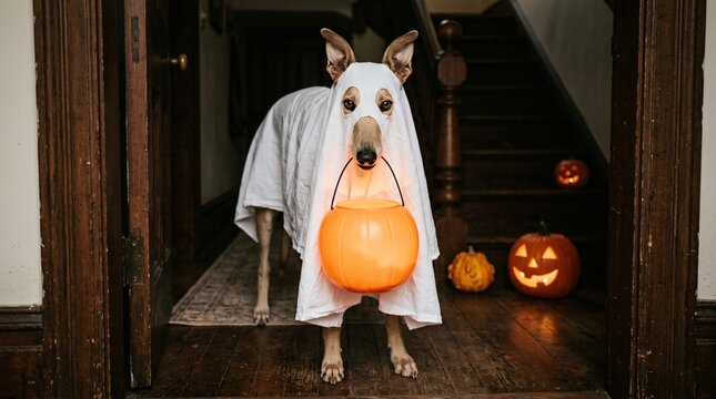 A cute dog dressed as a white ghost holds a glowing orange pumpkin candy bucket in a dimly lit hallway