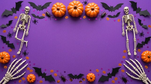 A festive Halloween composition featuring skeletons pumpkins and paper bats on a violet surface