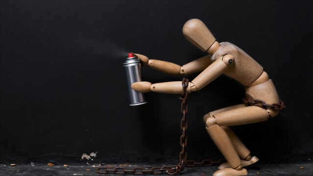 Wooden figure chains bound, spray painting defiance against dark backdrop.