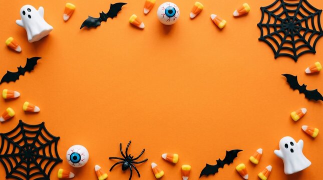 An orange background framed with miniature Halloween decorations like ghosts bats spiders and candy corn