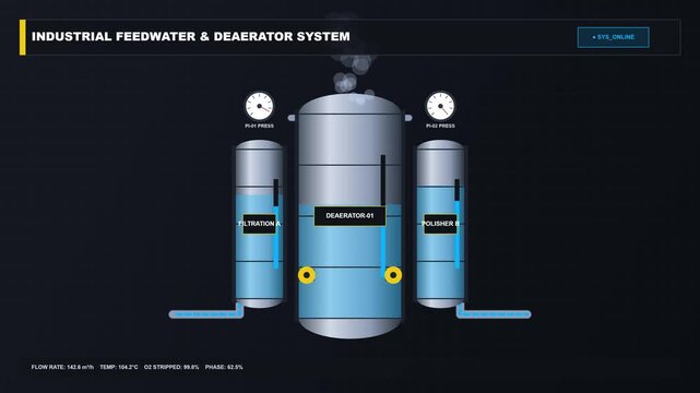 Flat vector motion graphic of an industrial feedwater and deaerator system dashboard with real-time data monitoring