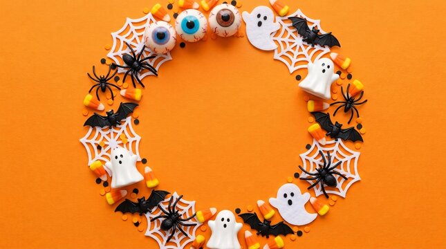 An orange background features a circular arrangement of colorful Halloween themed trinkets and toys