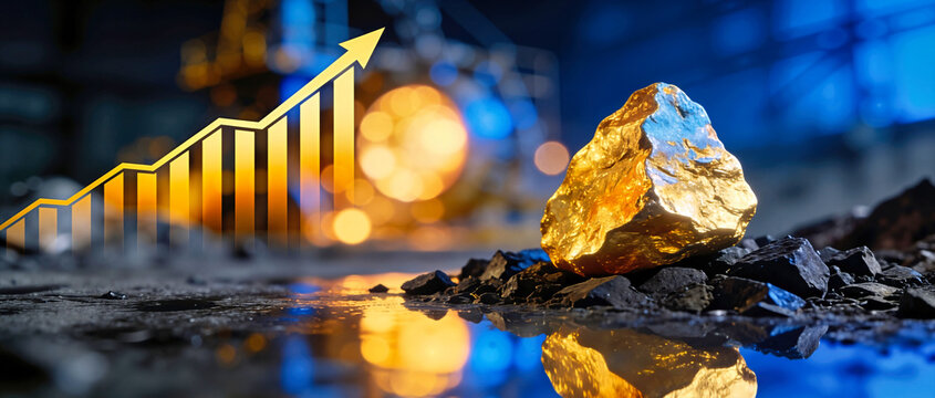 Gold nugget on dark rocks with a rising financial bar chart. Upward trend in gold mining industry. Industrial background with reflective water