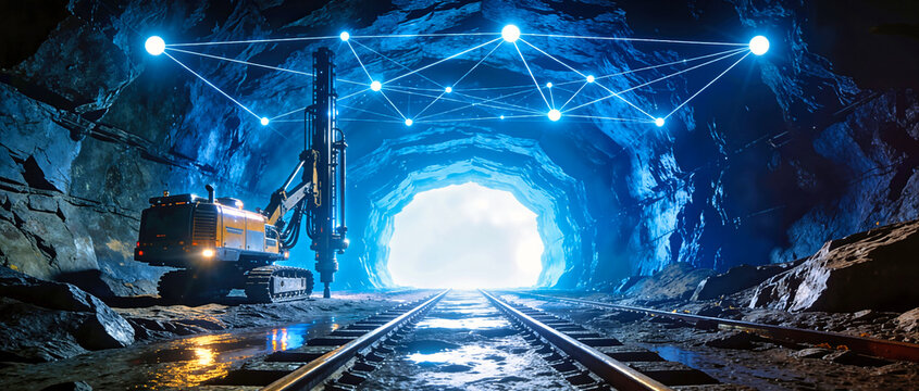 Underground drilling rig machine in a mine tunnel with railway tracks. Smart mining technology with glowing blue digital network. Industrial excavation