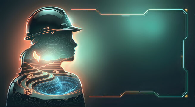 Profile of a female geologist with glowing open pit mine wireframe illustration. Future mining industry concept with copy space frame