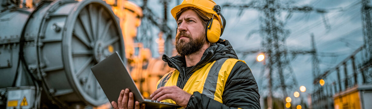 Electric Power Technician at Work: A male technician wearing a hard hat and safety vest holds a laptop as he monitors electrical equipment at a power station.
