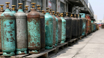 Obraz premium Industrial Gas Cylinders Lined Up: A row of old, weathered industrial gas cylinders stand on wooden pallets outside a factory, showing signs of wear and rust.