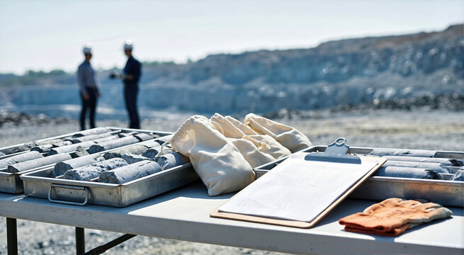 Geological core samples in metal trays on a table at a mining site. Gray stone cores with canvas sample bags and clipboard in an open pit quarry