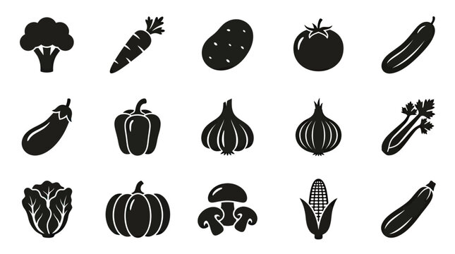 Set Of Black Vegetable Icons On A White Background