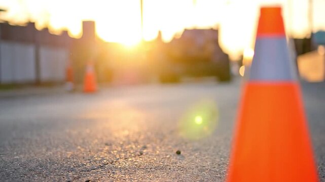 Orange traffic cone with reflective strip on asphalt road at golden hour
