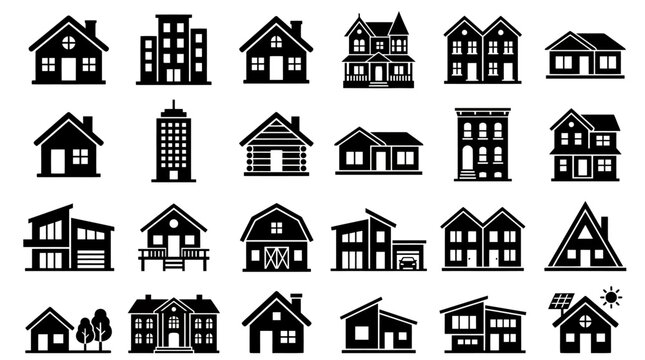 Collection Of Various House And Building Icons On White Background
