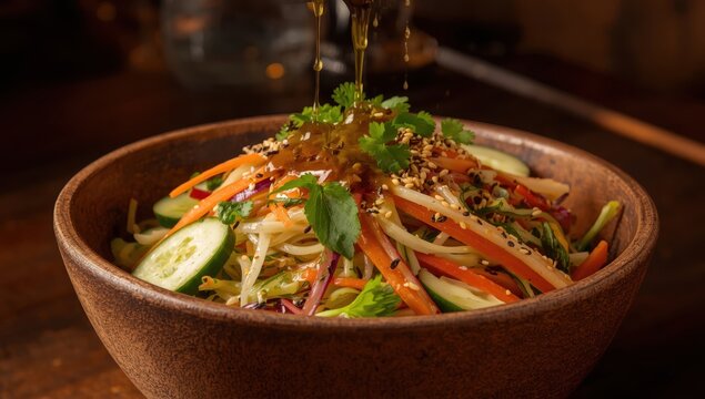 Vibrant vegetable and herb noodle salad topped with sesame seeds in a rustic bowl. Nutritious vegetarian dish with a flavorful dressing.