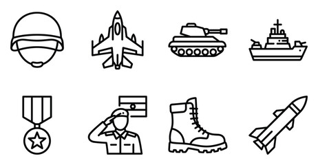 15 august india independence day armed forces vector set, army helmet fighter jet battle tank navy warship medal saluting soldier boot missile line art icons for patriotic defense heritage design © Sami