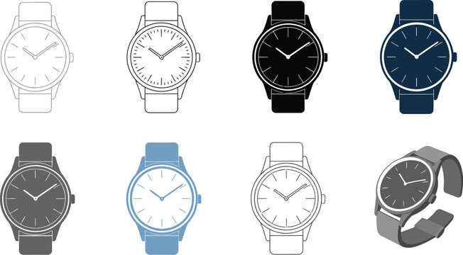 Luxury wristwatch icon collection with fashionable timepiece illustrations, elegant analog watches, premium accessories, classic chronograph designs, and stylish wearable fashion, vector, designs
