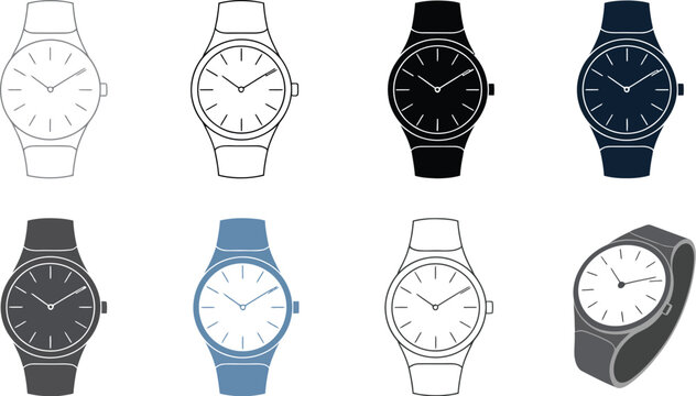 Luxury wristwatch icon collection with fashionable timepiece illustrations, elegant analog watches, premium accessories, classic chronograph designs, and stylish wearable fashion, vector, designs