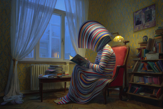 Surreal Reader with Rainbow Stripes Absorbed in Books at Night
