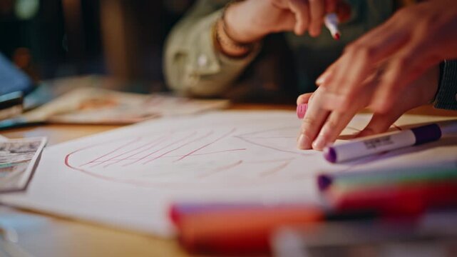 Creative team sketching ideas colorful markers. Hands drawing project plan