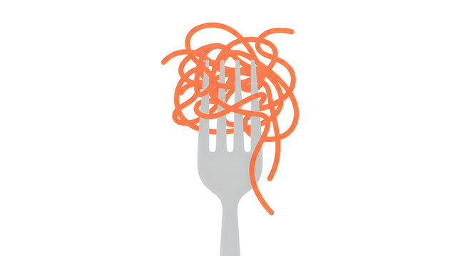 Simple graphic illustration of orange spaghetti noodles twirled around a grey fork with spaghetti, culinary