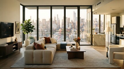 Fototapeta premium Spacious modern living room with sectional sofa and large windows overlooking cityscape at sunset, showcasing stylish interior design and urban lifestyle.