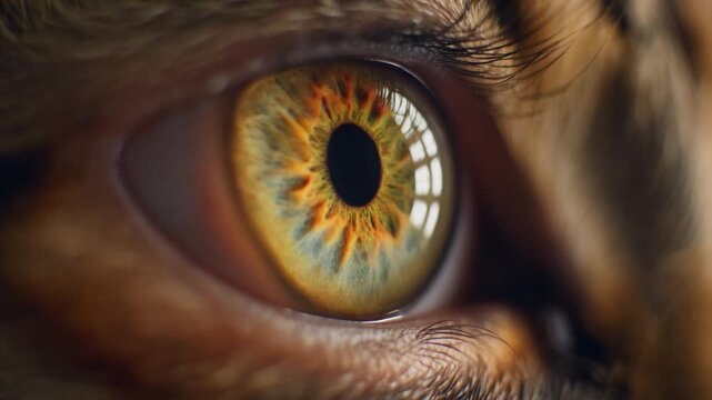 Cinematic extreme macro footage of domestic cat eye with warm golden reflections for international cat day
