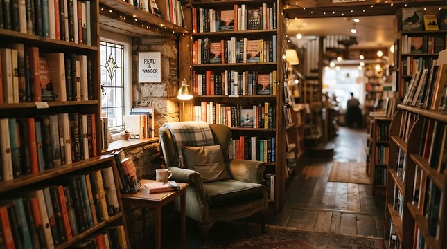Cozy armchair in a charming bookstore filled with shelves overflowing with books, inviting a reader to relax and delve into a story.