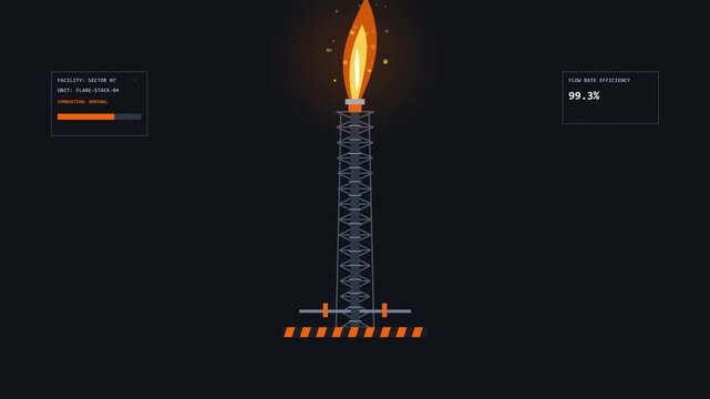 Industrial flare stack vector animation with digital data monitoring interface showing combustion efficiency on a dark grid background
