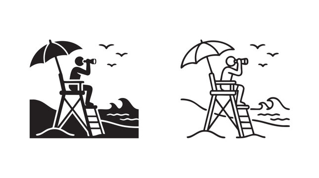 lifeguard on beach with telescope and umbrella in black silhouette outline art vector black silhouette and outline art vector icon