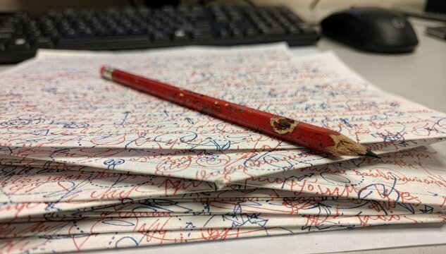 Closeup on a stack of printouts filled with handwritten proofreading marks and a red pencil set against an outoffocus keyboard and mouse.