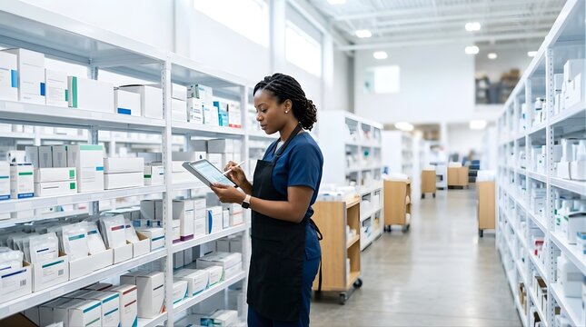 African american pharmacist checking medical inventory with digital tablet in warehouse