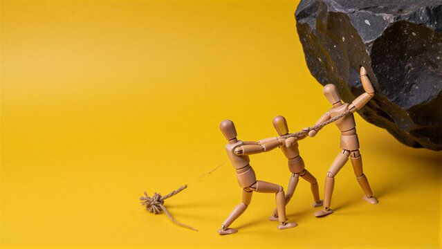 Two wooden figures pull a rope attached to a large rock against a yellow background.