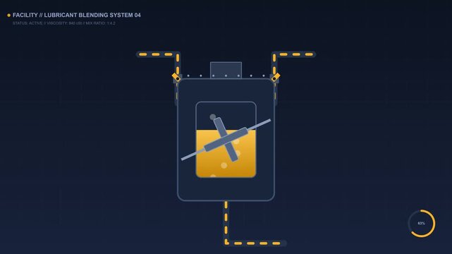 Industrial technical infographic of an automated lubricant blending system with flat vector design and data indicators