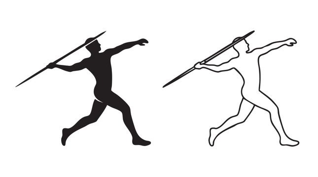 javelin thrower black silhouette and outline art vector icon