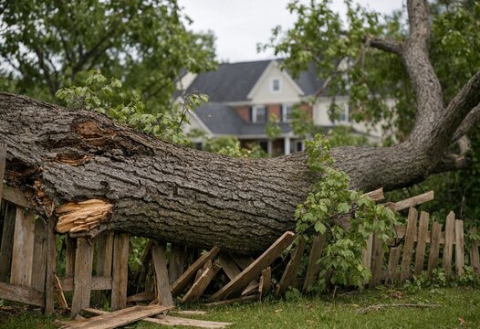 Large fallen tree crushed a wooden backyard fence after a severe storm, illustrating residential property damage, insurance claims, emergency cleanup, hazardous weather impacts, repair.