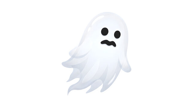 Cute cartoon ghost with worried expression, friendly white phantom character, spooky halloween design element isolated on Transparent Background
