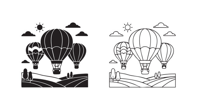 hot air balloons black silhouette outline art vector icon flying over landscape black black silhouette and outline art vector icon