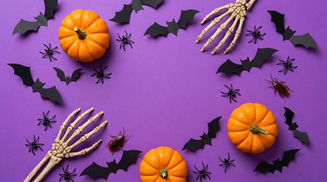 A vibrant purple background decorated with Halloween props including pumpkins skeleton hands and bats