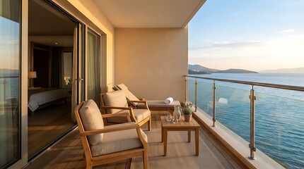 Obraz premium Luxury hotel balcony with sea view, comfortable lounge chairs, and a glimpse of a well appointed bedroom, perfect for vacation and relaxation