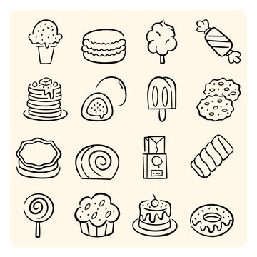 Yummy Sweets Bakery and Dessert Line Art Doodle Set