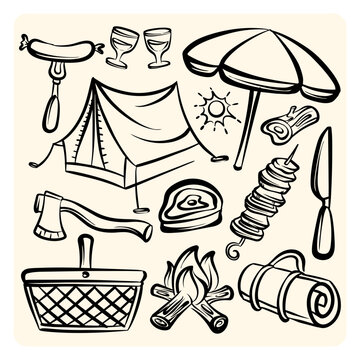 Outdoor Camping Picnic Equipment Doodles Set, Summer Adventure BBQ Clipart