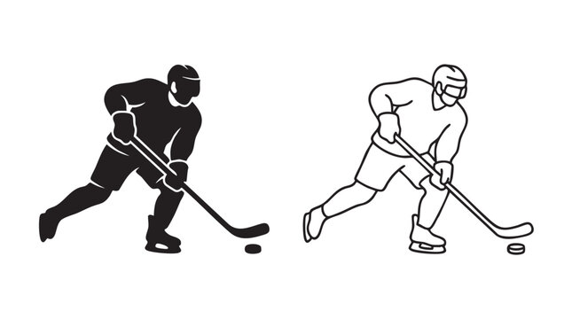 hockey players shooting puck black silhouette and outline art vector icon